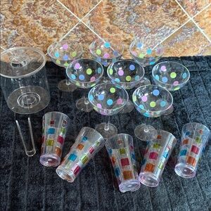 Plastic Drink Set 8 Margarita Polka Dot Glasses, Ice Bucket Tongs, 5 Tumblers